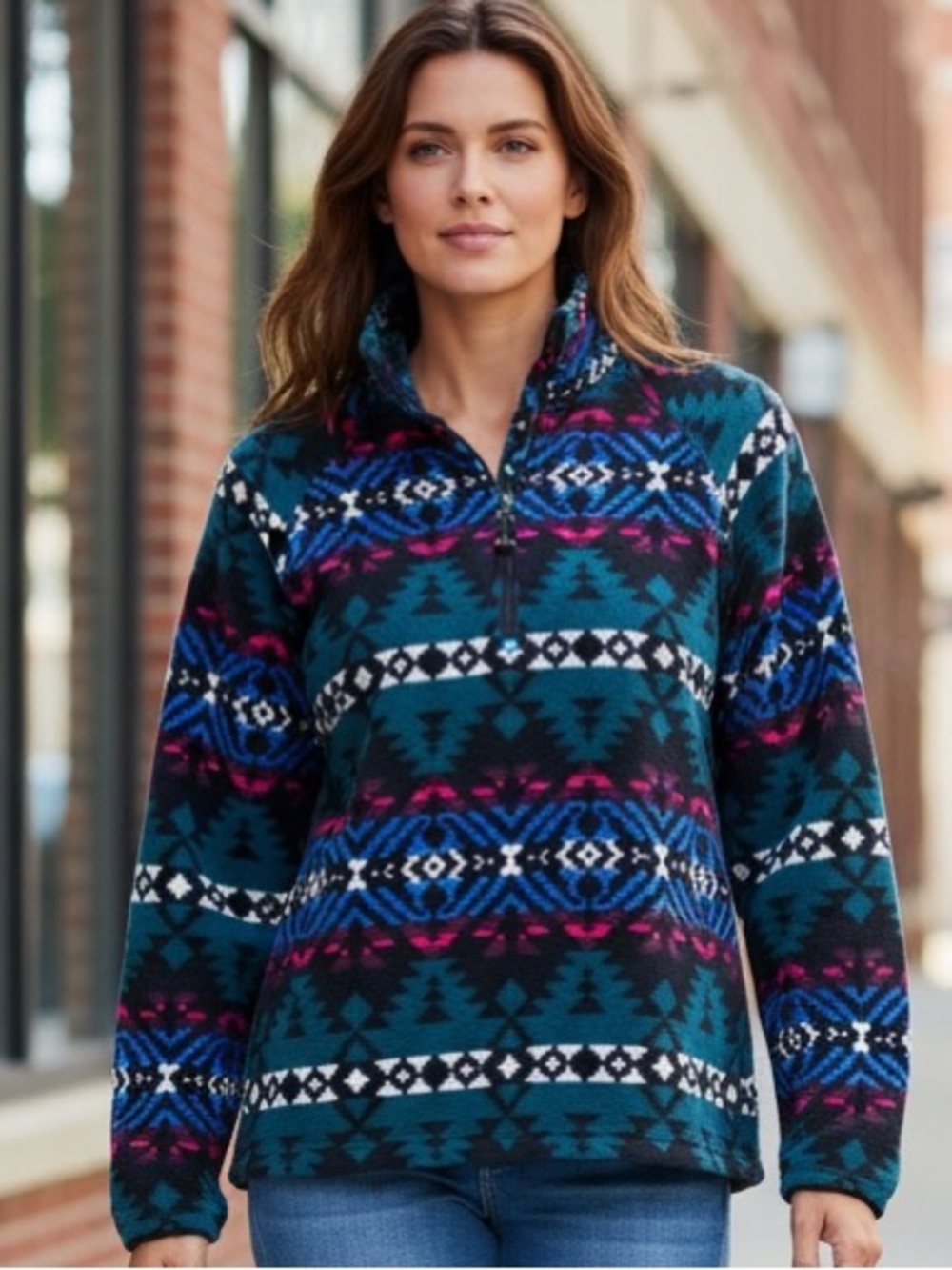 Eddie Bauer Teal Black Blue Pink Patterned Half-Zip Fleece